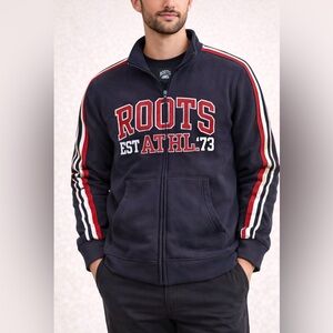 Roots Athletics Zip‎ Jacket Navy Red Stripe Logo Sweatshirt Men Small